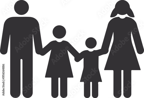 Family Silhouette Icon Vector Illustration with Parents and Children. Simple Black Family Symbol Isolated on White Background for Social, Healthcare and Community Design