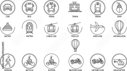 Transportation icons, car bus tram train ship metro cable car trolley airplane balloon bicycle scooter motorcycle helicopter person vector
