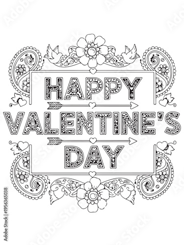Valentine s day greetings pattern in mehndi coloring page