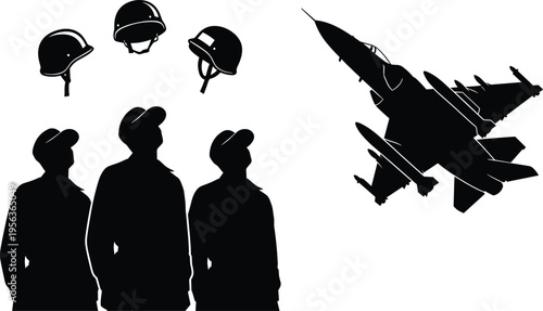 Silhouette of three men in caps with helmets and a fighter jet