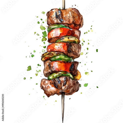 DAner Kebab, watercolor illustration featuring playful movement and lively expressions, isolated on a white background.