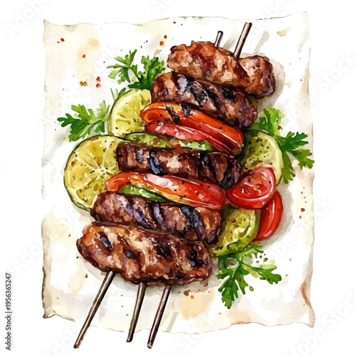 watercolor painting of DAner Kebab, isolated on a white background.