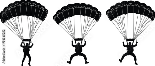Three black silhouettes of skydivers with parachutes white background