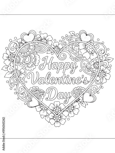 Valentine s day greetings pattern in mehndi coloring page