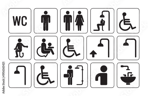 Toilet and shower symbols, disability signs, and WC icons. bathroom facilities for all people