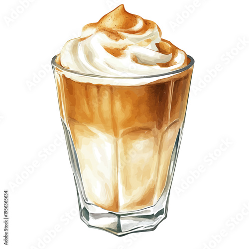 Dalgona Coffee, watercolor painting capturing graceful lines and soft blended shades, isolated on a white background.