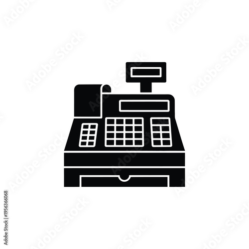 Black and white cash register with keypad and screen