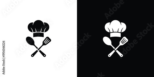 Black and white chef hat with crossed utensils on two-tone background