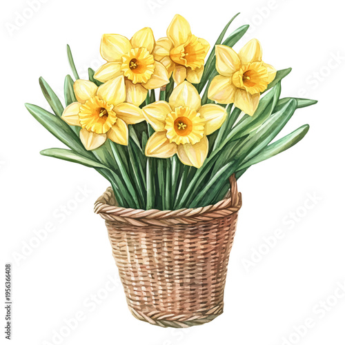 Daffodil Bouquet In A Basket, watercolor painting capturing graceful lines and soft blended shades, isolated on a white background.