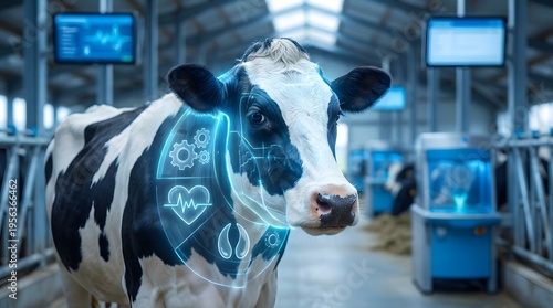 Futuristic smart farming technology monitoring a cow s health with digital overlay in a modern barn