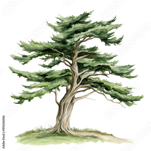 Cypress Tree, watercolor painting capturing graceful lines and soft blended shades, isolated on a white background.
