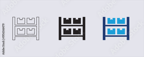 A vector icon representing a storage rack or warehouse shelving unit filled with boxes, It is commonly used to represent inventory, logistics, or warehouse management systems. 