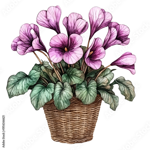 Cyclamen Bouquet In A Basket, watercolor clipart showcasing whimsical details and harmonious color flow, isolated on a white background.