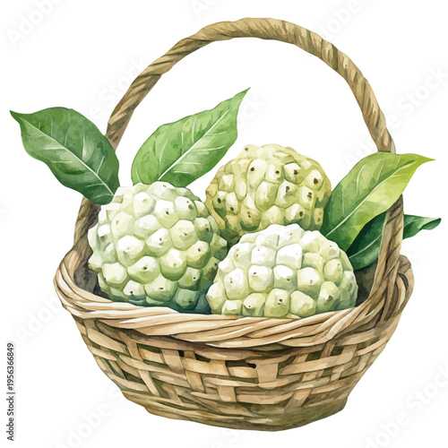 watercolor painting of Custard Apple Basket, isolated on a white background.