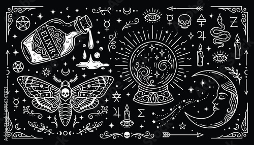 Mystical esoteric collection with magic elixir bottle and crystal ball on black background