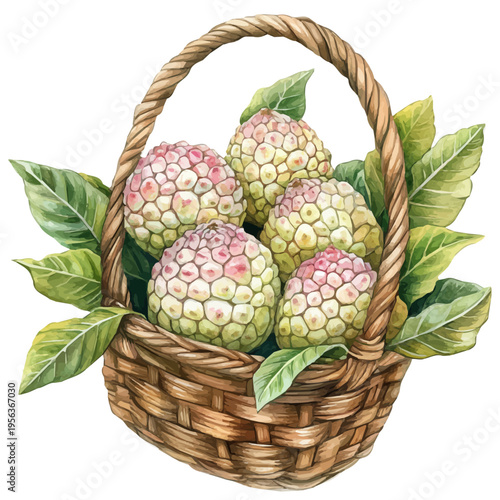 Custard Apple Basket, watercolor illustration featuring playful movement and lively expressions, isolated on a white background.