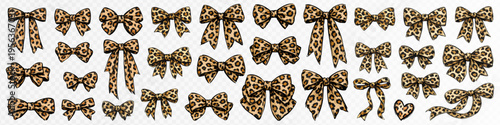 Large set of leopard print bows, heart shapes and ribbon elements in playful coquette style, trendy animal pattern clipart collection for stickers, cards and boutique decor. Vector illustration
