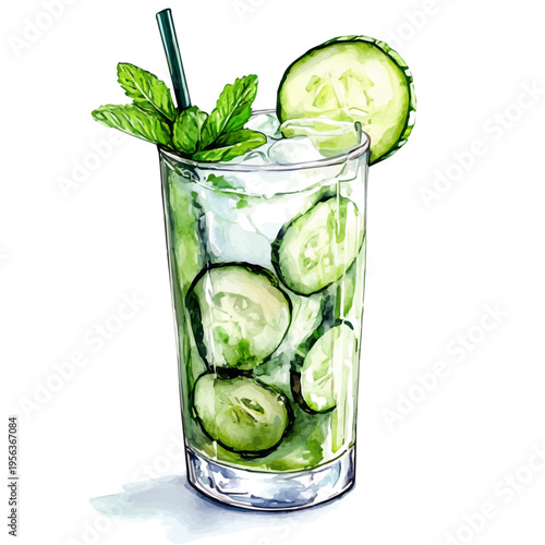 Cucumber Mint Cooler, watercolor artwork with bold brush accents and dynamic composition, isolated on a white background.