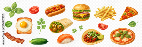Colorful fast food meal set with burger, pizza, fries, hot dog, sushi, salad and breakfast items in soft watercolor style for restaurant menu and takeaway design. Vector illustration