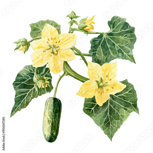 Cucumber Blossom Branch, watercolor vector portraying a joyful pose with colorful highlights, isolated on a white background.