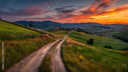 Scenic landscape with winding dirt road through green hills at sunset