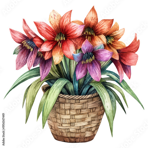 watercolor of Crown Imperial Bouquet In A Basket illustration graphic, isolated on a white background.