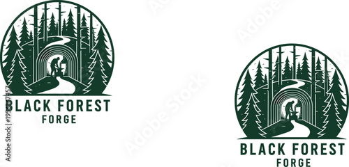 Black Forest Forge logo, rustic pine tree illustration, forest path artwork, anvil hammer design, blacksmith branding, nature craftsmanship, green emblem