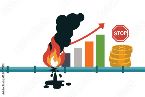 Oil Pipeline Leak and Fire With Rising Energy Prices Graph, Stop Sign and Coin Stack