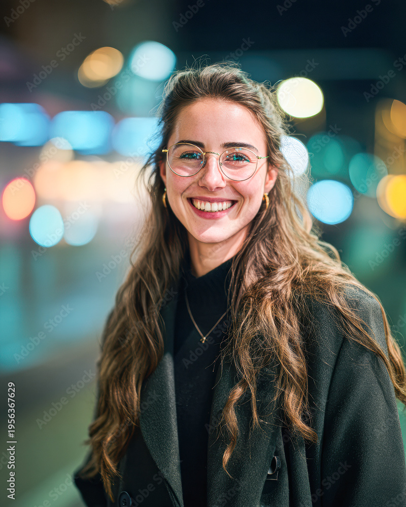 Obraz premium A young woman with glasses smiles brightly at night, city lights blurred in the background.