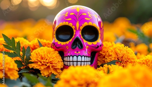 Wallpaper Mural Dia de los Muertos Sugar Skull Surrounded by Marigolds. Torontodigital.ca