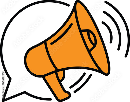 Cartoon orange megaphone with speech bubble for communication and announcement purposes with sound waves  loudspeaker symbol