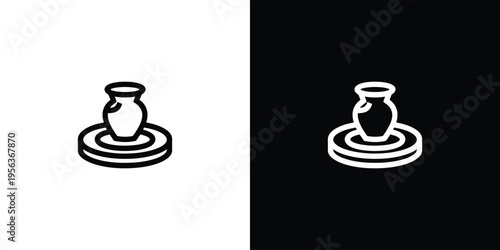 Black and white pottery wheel with vase on white and black backgrounds
