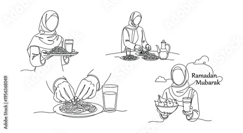 Line art illustration depicting women preparing and serving food for ramadan