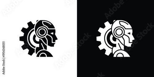 Black and white robot head with gear on white and black background