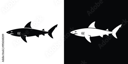 Black and white shark silhouettes on split color background