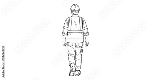Back View Construction Worker Walking in Safety Gear Line Art Illustration