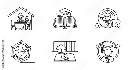 Line art icons depicting education home life and culinary arts