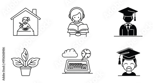 Line art icons depicting education home life and culinary arts