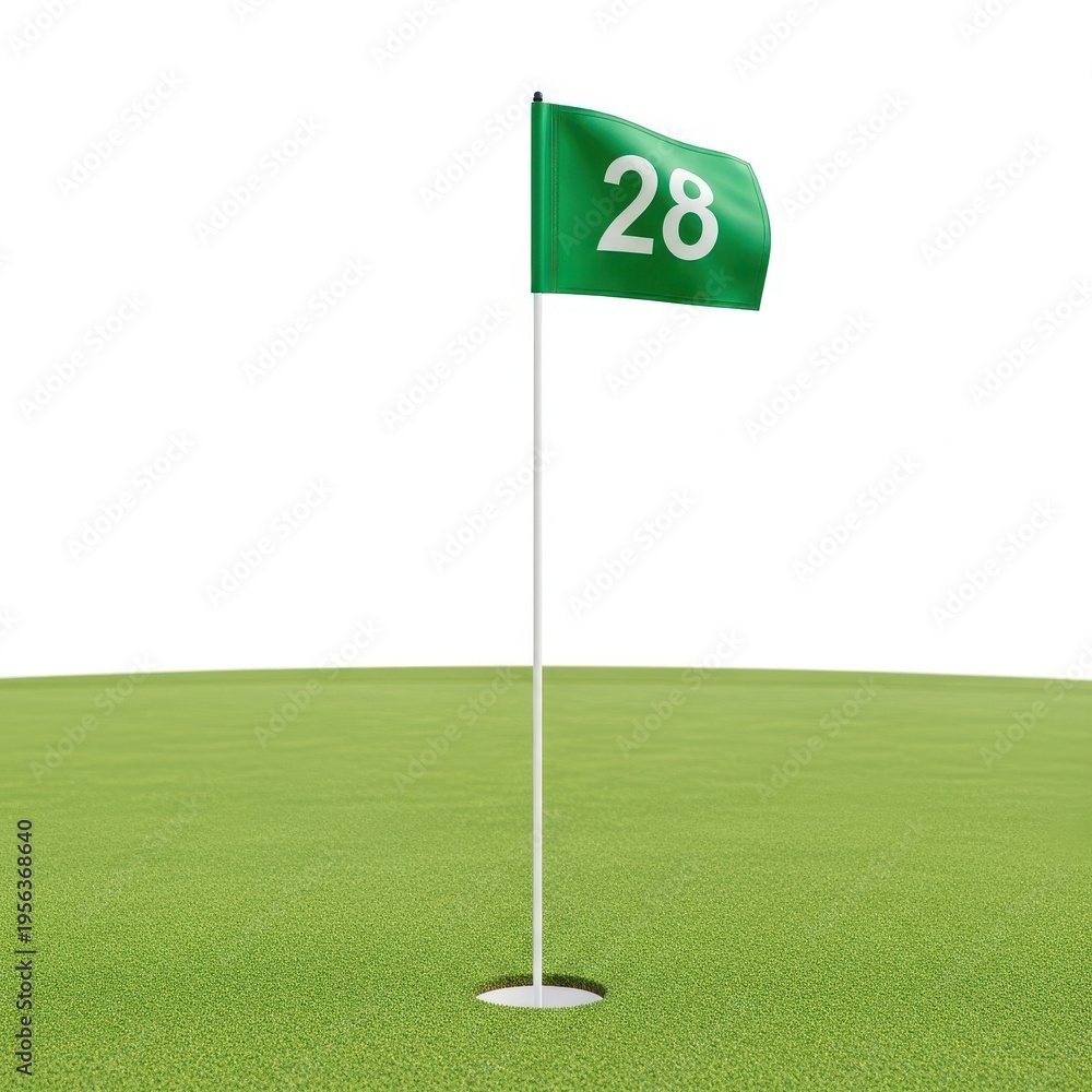 Obraz premium Golf course flag with number 28 on lush green field under bright daylight