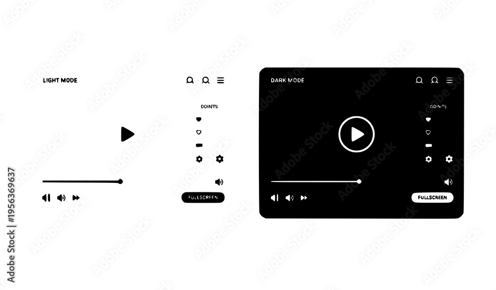 Fototapeta premium Modern Video Player Interface Vector in Light and Dark Mode with Multimedia Controls UI Design