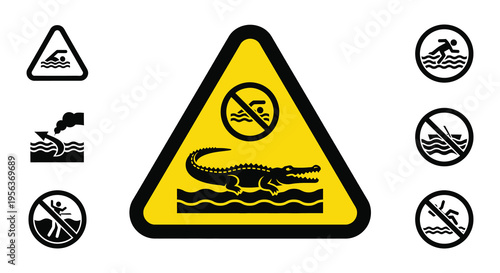 Warning sign depicting crocodiles and prohibiting various water activities
