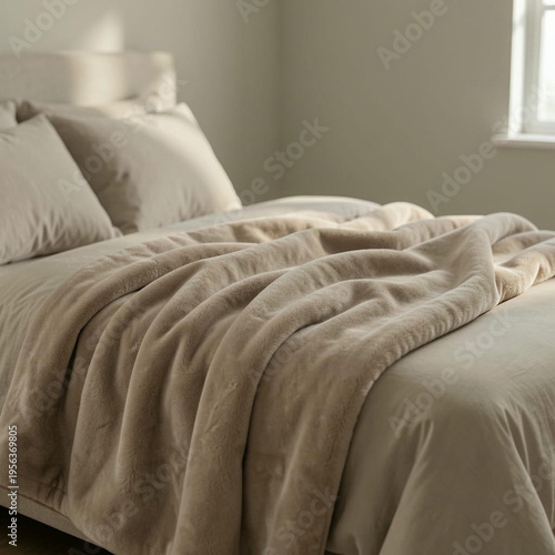 Luxurious double bed in a modern room interior featuring comfortable bedding with soft pillows and cozy soft blanket