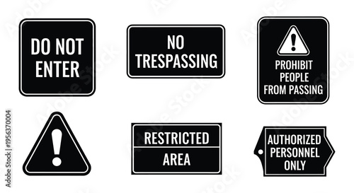 Collection of warning and prohibition signs with text and symbols