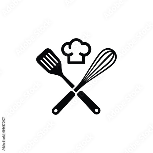 Black kitchen utensils and chef hat spatula whisk cooking