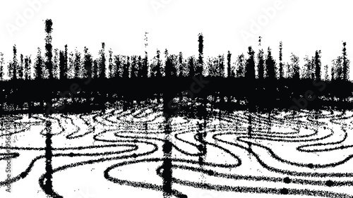Abstract digital landscape with vertical pillars and flowing contour lines