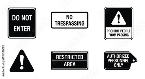 Collection of warning and prohibition signs with text and symbols