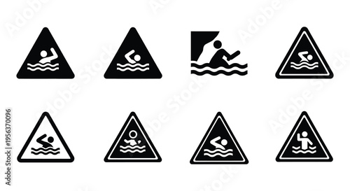 Swimming safety warning signs various depictions of people in water