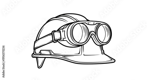 Construction Hard Hat with Safety Goggles Line Art Illustration - Industrial PPE Symbol