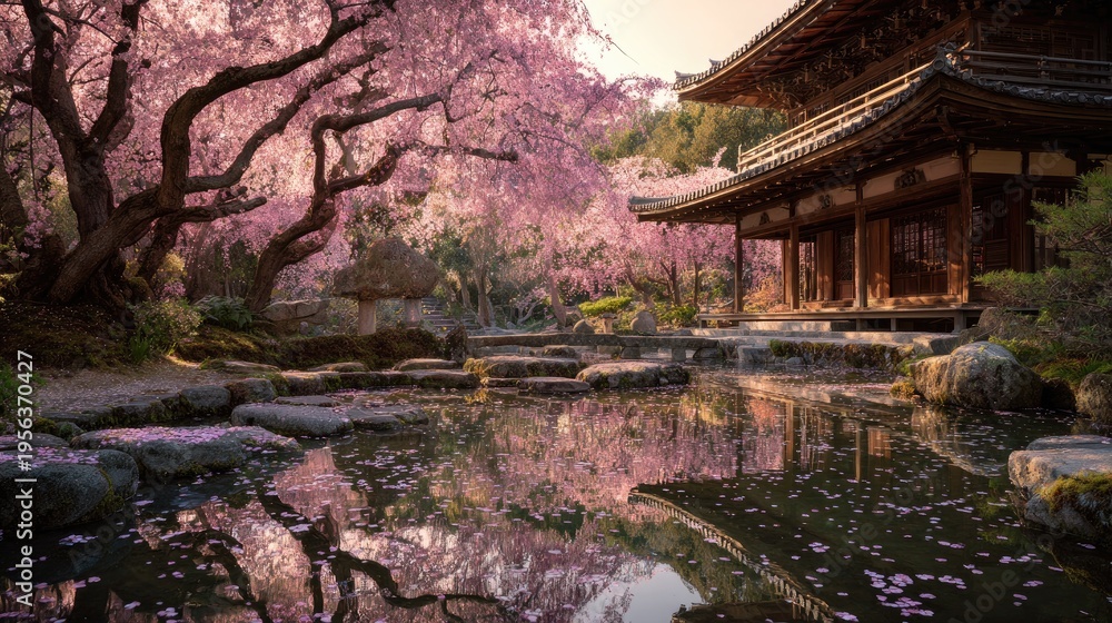 Obraz premium Cherry Blossom Festival in kyoto pagoda cherry blossom courtyard dense sakura blossom forest petals slowly falling to water surface