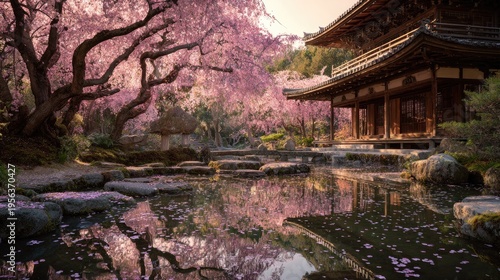 Cherry Blossom Festival in kyoto pagoda cherry blossom courtyard dense sakura blossom forest petals slowly falling to water surface